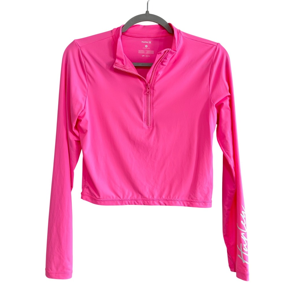 Hurley Neon Pink Long Sleeve Crop Rash Guard UPF 50+ Quarter Zip Women's Large